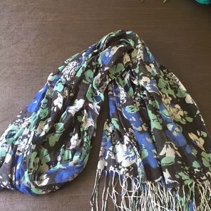 Blue and green floral fringe scarf